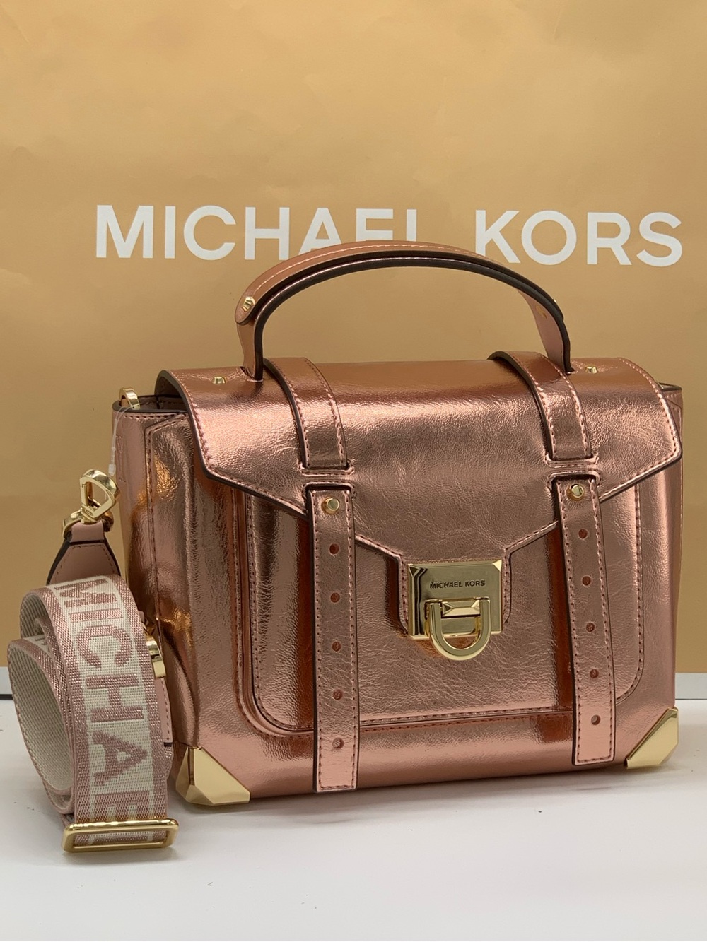 Michael Kors MANHATTAN Rose Gold Metallic Satchel with Branded Strap